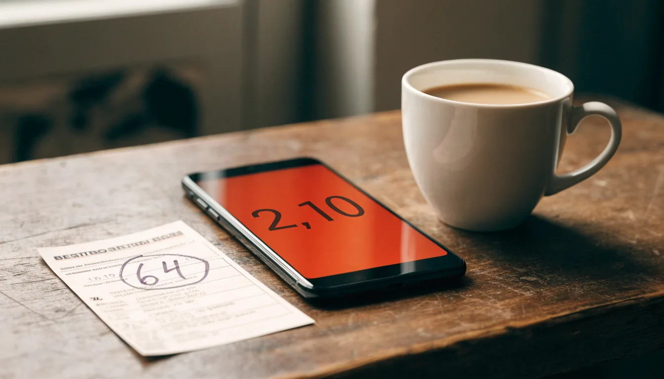 Ein Smartphone mit dunklem Bildschirm lehnt an einer Kaffeetasse auf einem Holztisch, daneben ein blanker Papier-Wettschein.