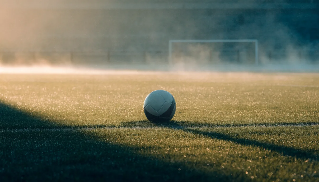 Ein Fußball liegt auf dem Anstoßpunkt eines Rasenplatzes im ersten Morgenlicht, Tau glänzt auf dem Gras.