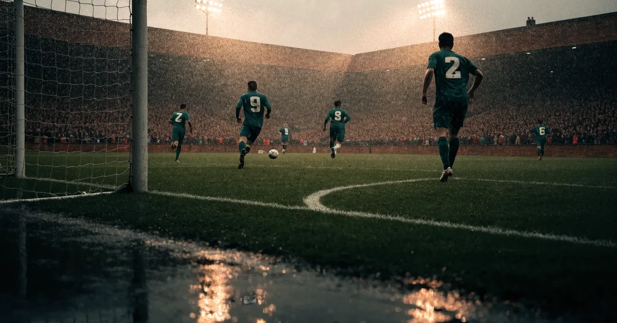 Ein englisches Fußballstadion mit rotbraunen Backsteintribünen unter bedecktem Himmel, davor ein nasser Rasen mit Spielfeldlinien.