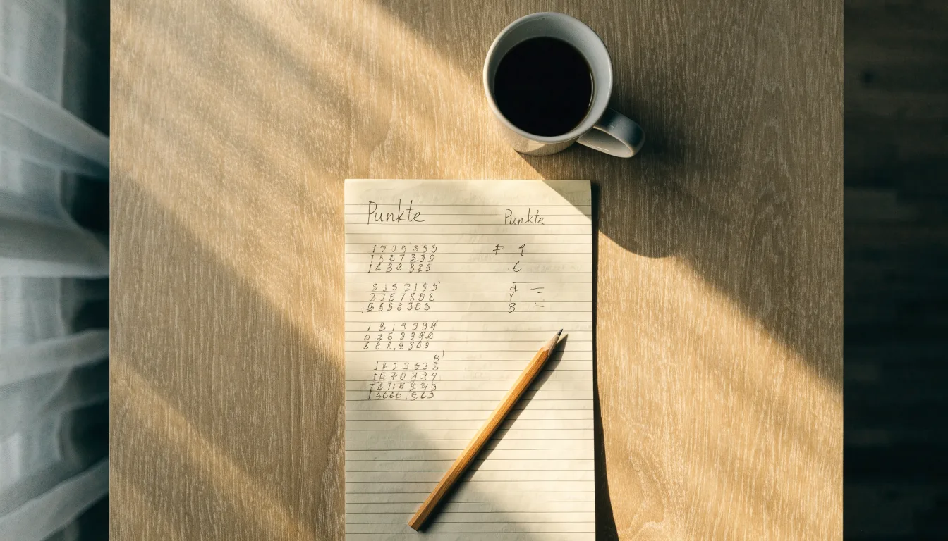 Ein Taschenrechner und ein Bleistift liegen auf einem handbeschriebenen Notizblock neben einer Tasse Kaffee.