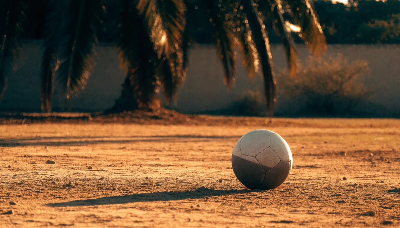 Ein Fußball liegt auf einem staubigen Bolzplatz mit Palmen im Hintergrund in warmem Abendlicht.