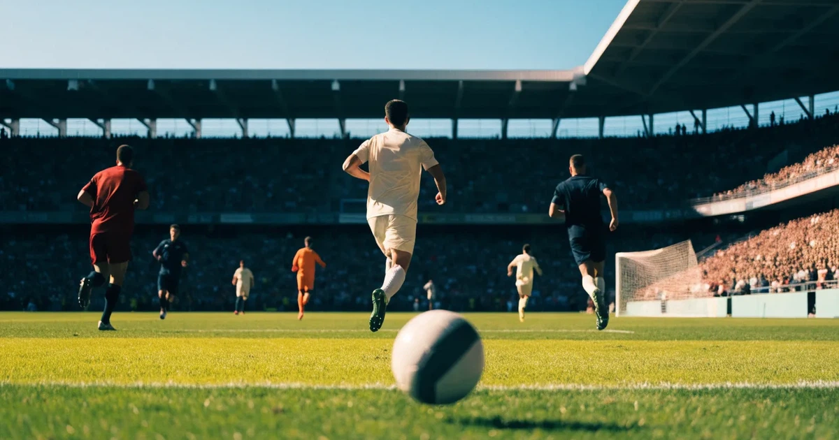 Ein Fußballstadion mit hellen Rängen unter strahlend blauem Himmel, davor ein sonnenbeschienener Rasen mit frisch gemähten Streifen.