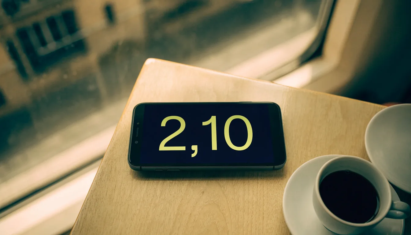 Zwei Kaffeetassen und ein dunkles Smartphone stehen auf einem Café-Tisch am Fenster im Morgenlicht.