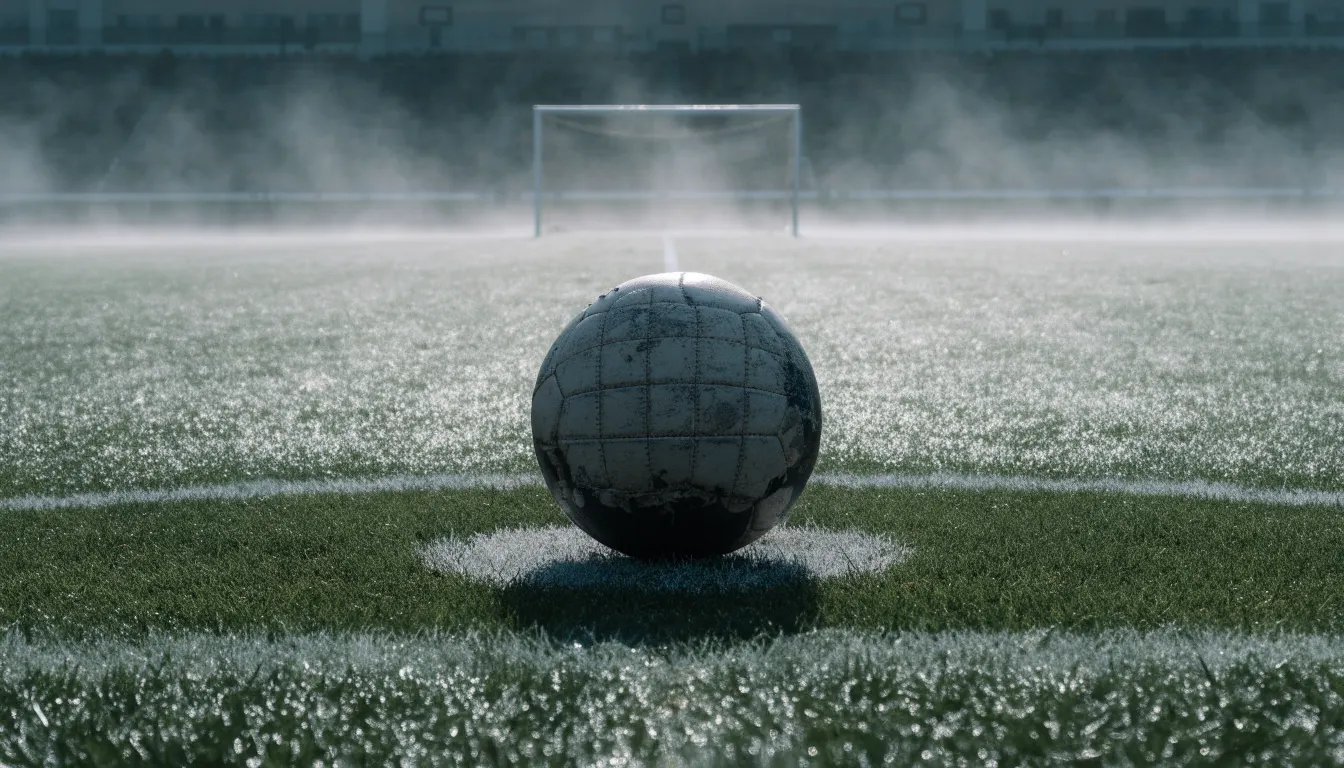 Ein abgewetzter Fußball liegt auf dem Anstoßkreis eines Naturrasens im Morgennebel.