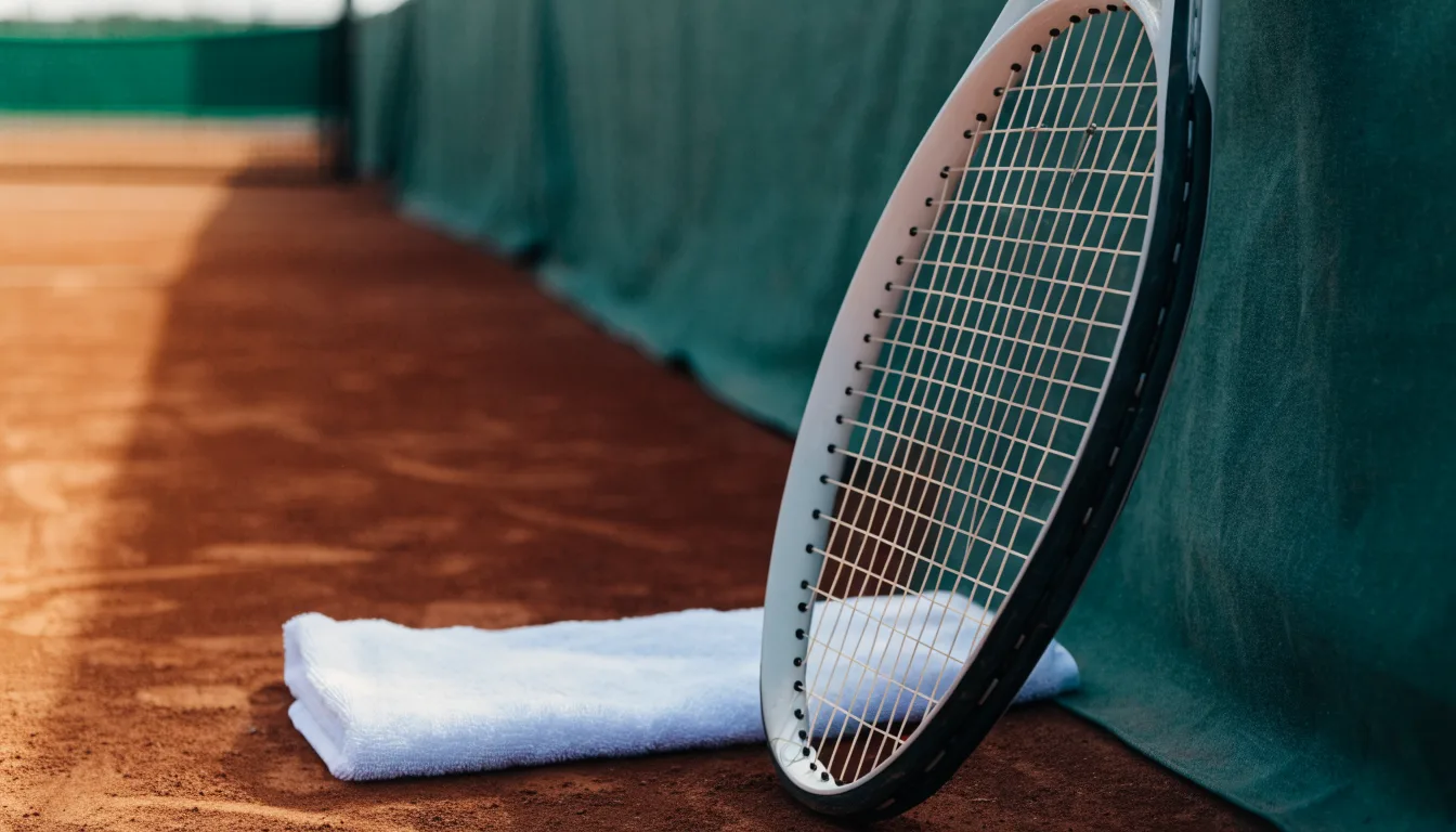 Ein Tennisschläger lehnt an einer dunkelgrünen Bande ohne Aufschrift auf einem Sandplatz, daneben liegt ein Handtuch.