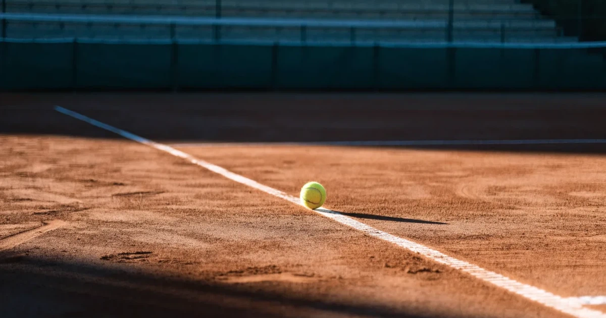 Ein Sandplatz mit rötlichem Belag und gezogenen weißen Linien, ein einzelner Tennisball liegt neben der Linie, im Hintergrund eine leere Tribüne.