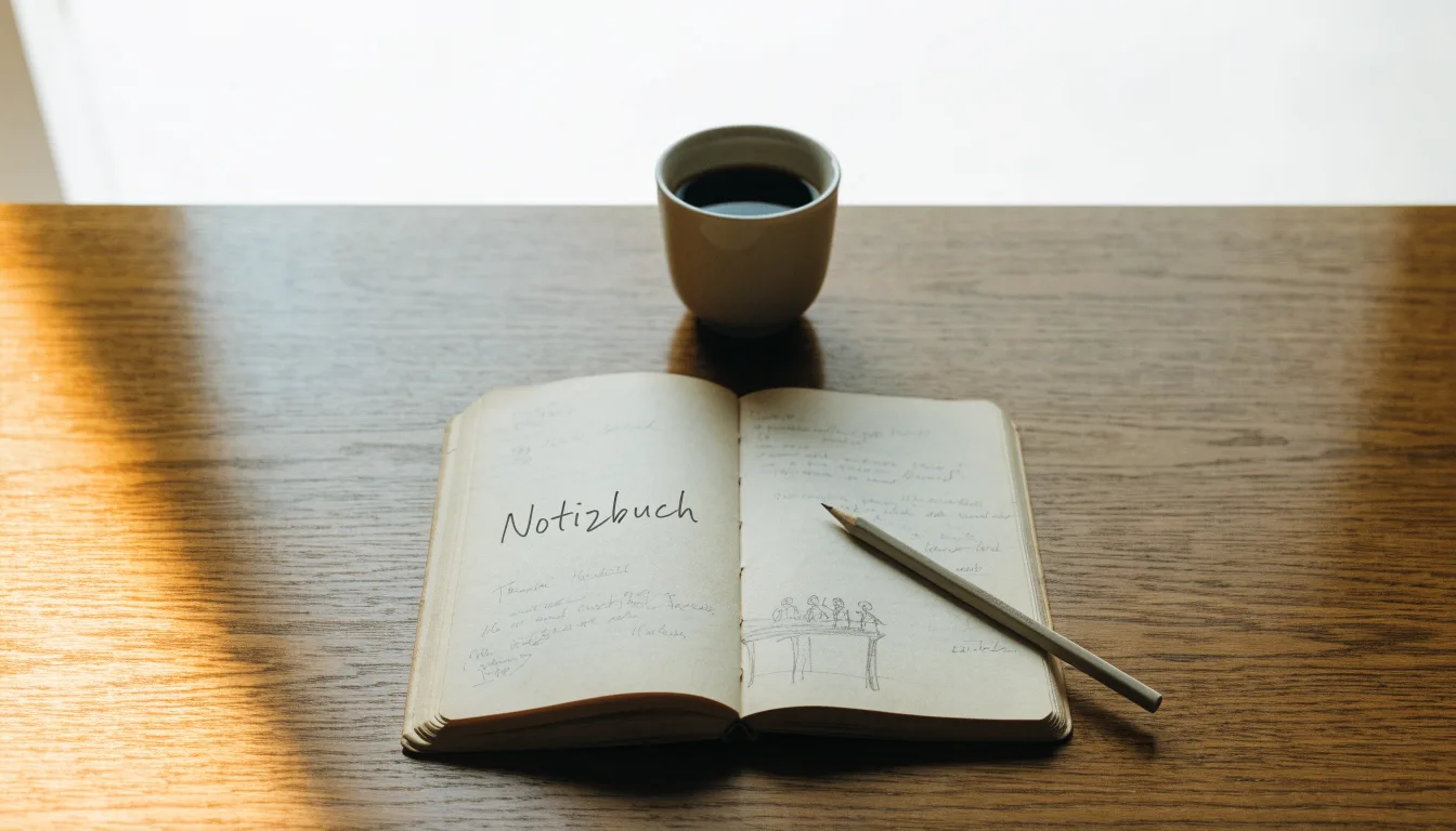 Ein aufgeschlagenes Notizbuch mit handschriftlichen Skizzen liegt neben einem Bleistift auf einem Holztisch, daneben eine Tasse Kaffee.