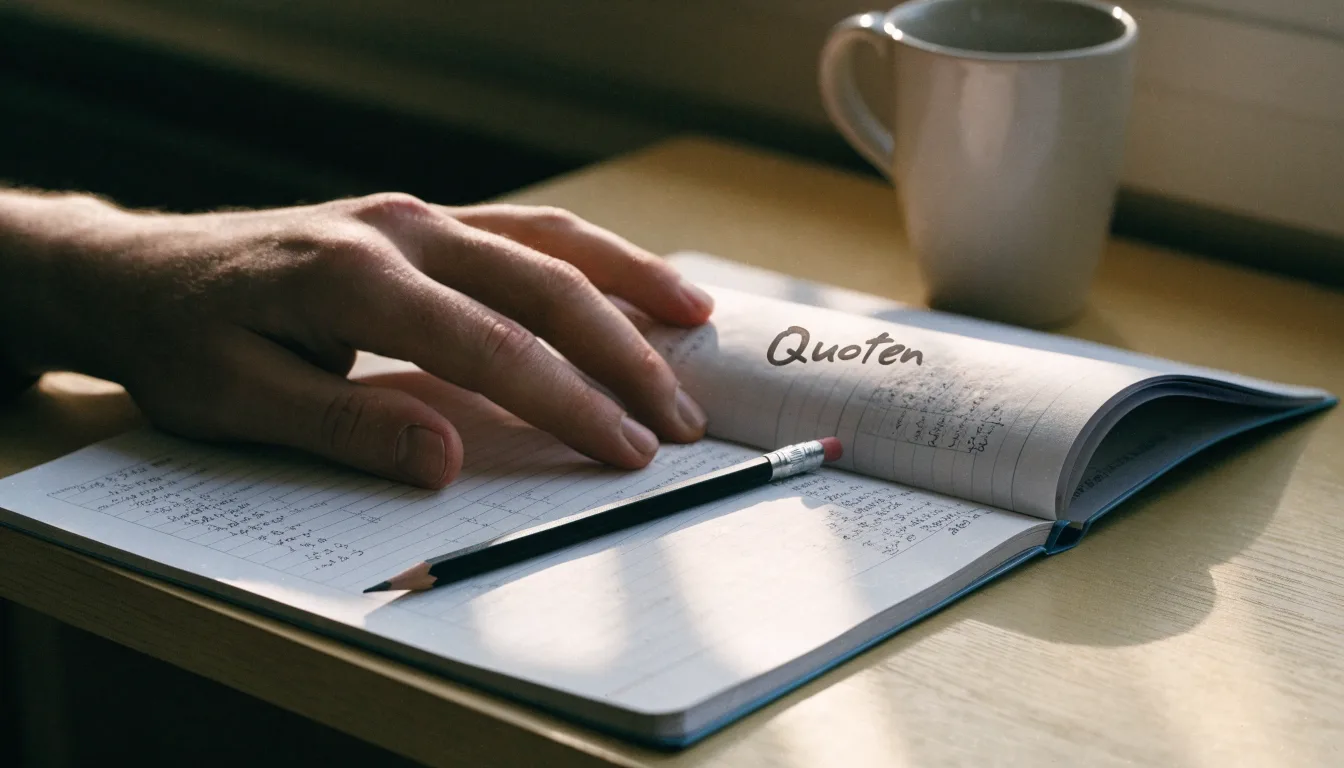 Ein Taschenrechner und ein Bleistift liegen auf einem Schreibtisch neben einem aufgeschlagenen Notizbuch mit handschriftlichen Zahlenreihen.