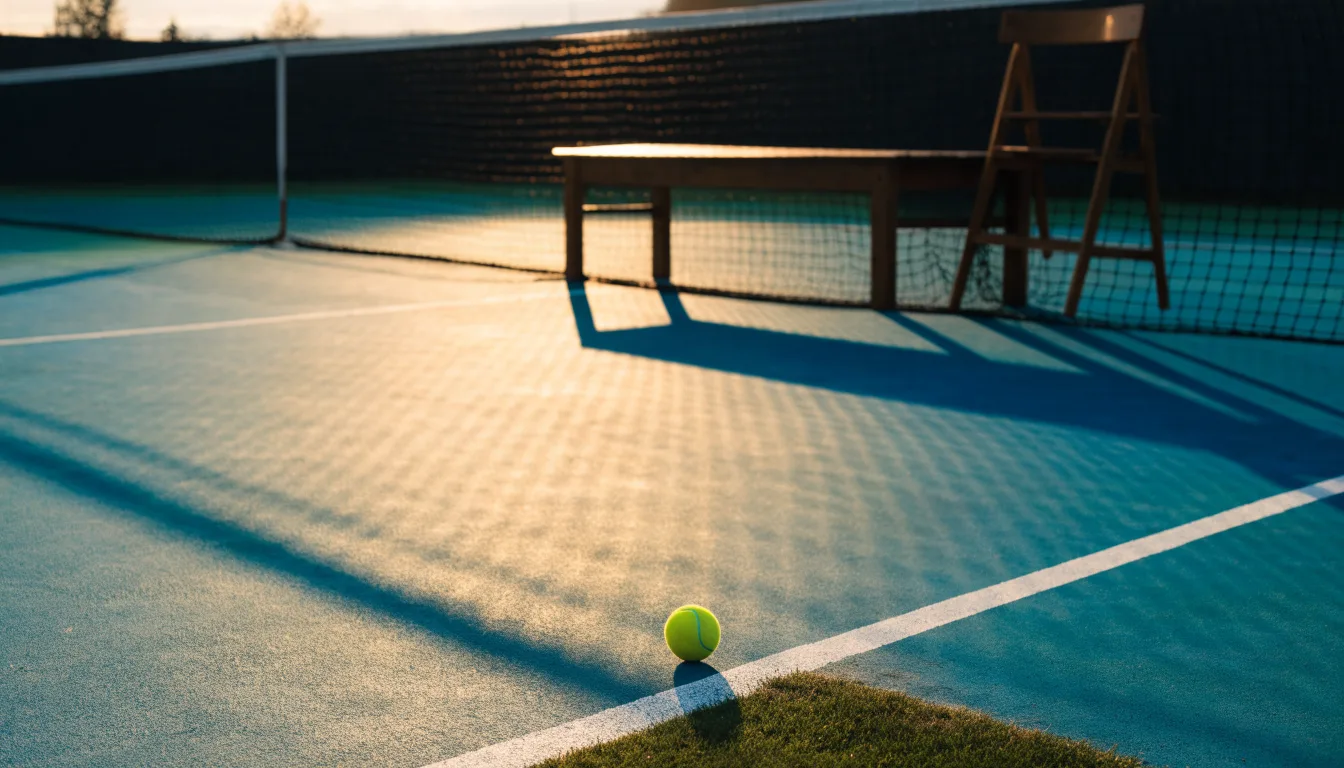Ein Tennisplatz bei Sonnenaufgang, Netz und Grundlinien im weichen Licht, niemand ist zu sehen.