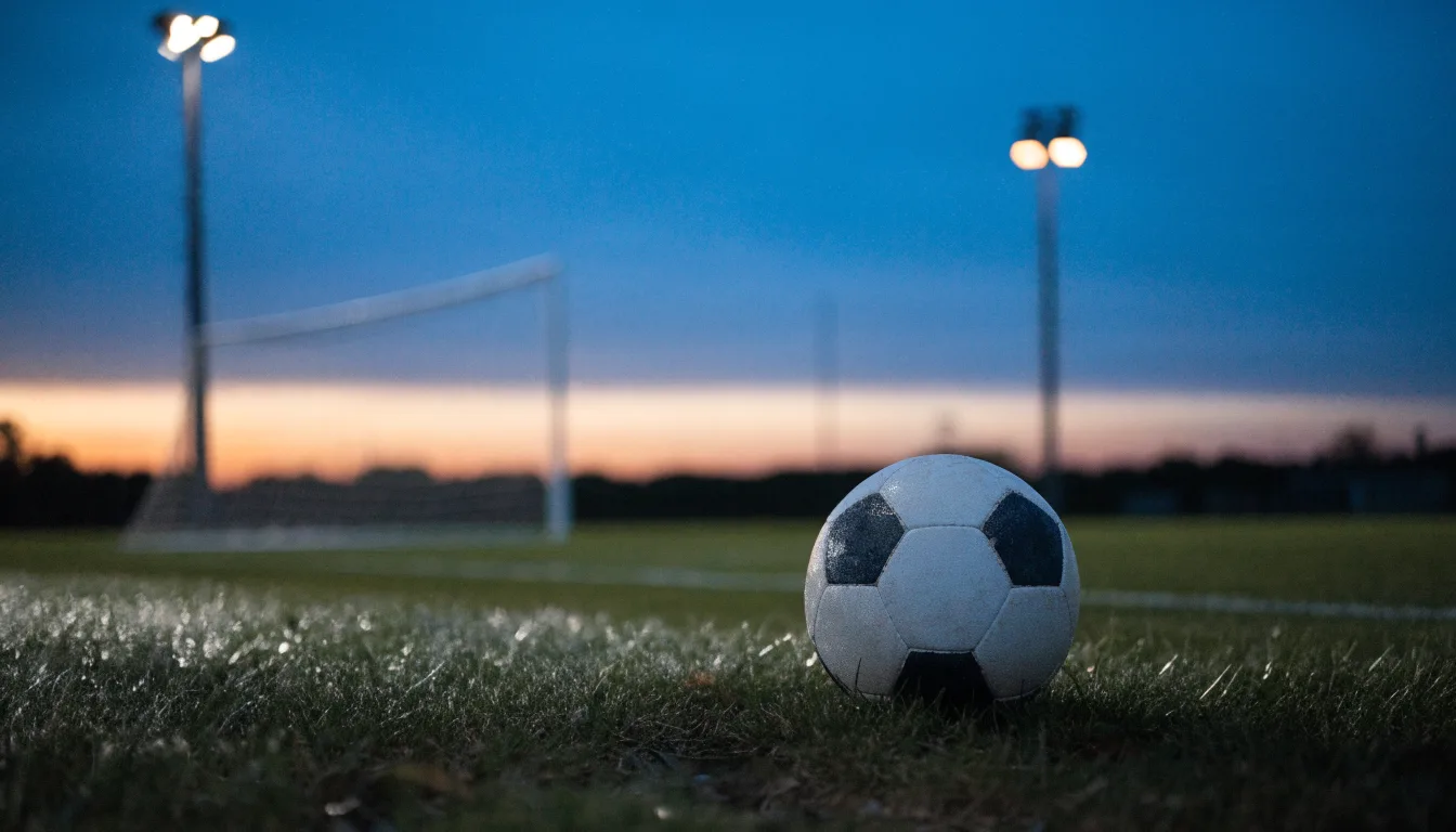 Ein Fußball liegt im Gras eines leeren Platzes, im Hintergrund stehen Flutlichtmasten in der Dämmerung.