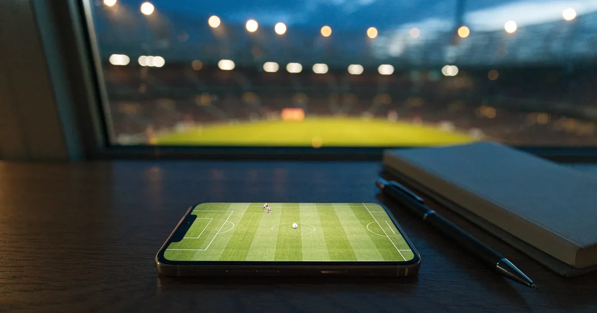 Ein leeres Stadion unter Flutlicht aus großer Entfernung gesehen, Dunst liegt über dem Rasen, die Tribünen sind nur als Lichtpunkte erkennbar.