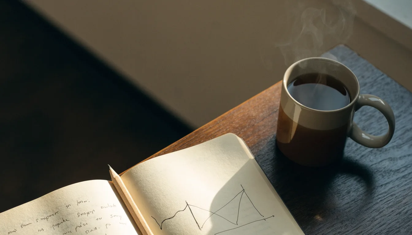 Ein aufgeschlagenes Notizbuch mit handschriftlichen Skizzen und ein Bleistift liegen auf einem Schreibtisch neben einer Tasse Tee.