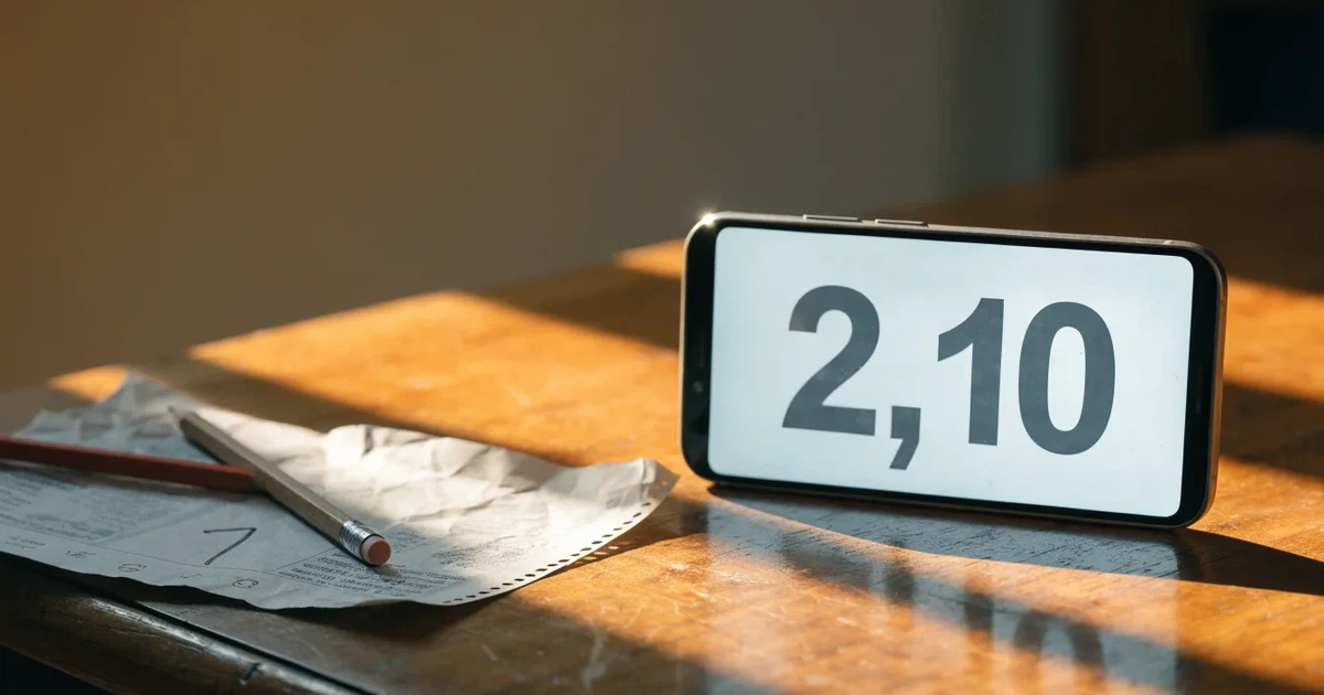 Ein leerer Umschlag und eine Münze liegen auf einer Tischplatte neben einem Smartphone mit dunklem Display.