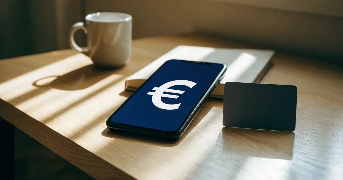 Eine Plastikkarte ohne Aufdruck liegt neben Münzen und einem Smartphone mit dunklem Display auf einem hellen Tisch.