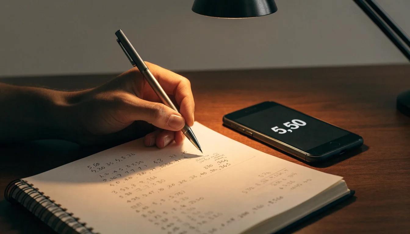 Ein Taschenrechner und ein aufgeschlagenes Notizbuch mit handschriftlichen Zahlenreihen liegen unter einer Schreibtischlampe.