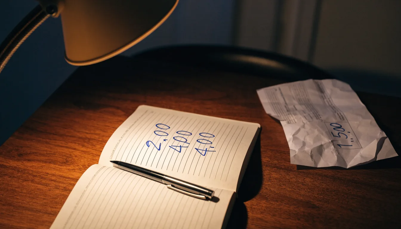 Ein Taschenrechner und ein aufgeschlagenes Notizbuch mit handschriftlichen Zahlenreihen liegen unter einer Schreibtischlampe.