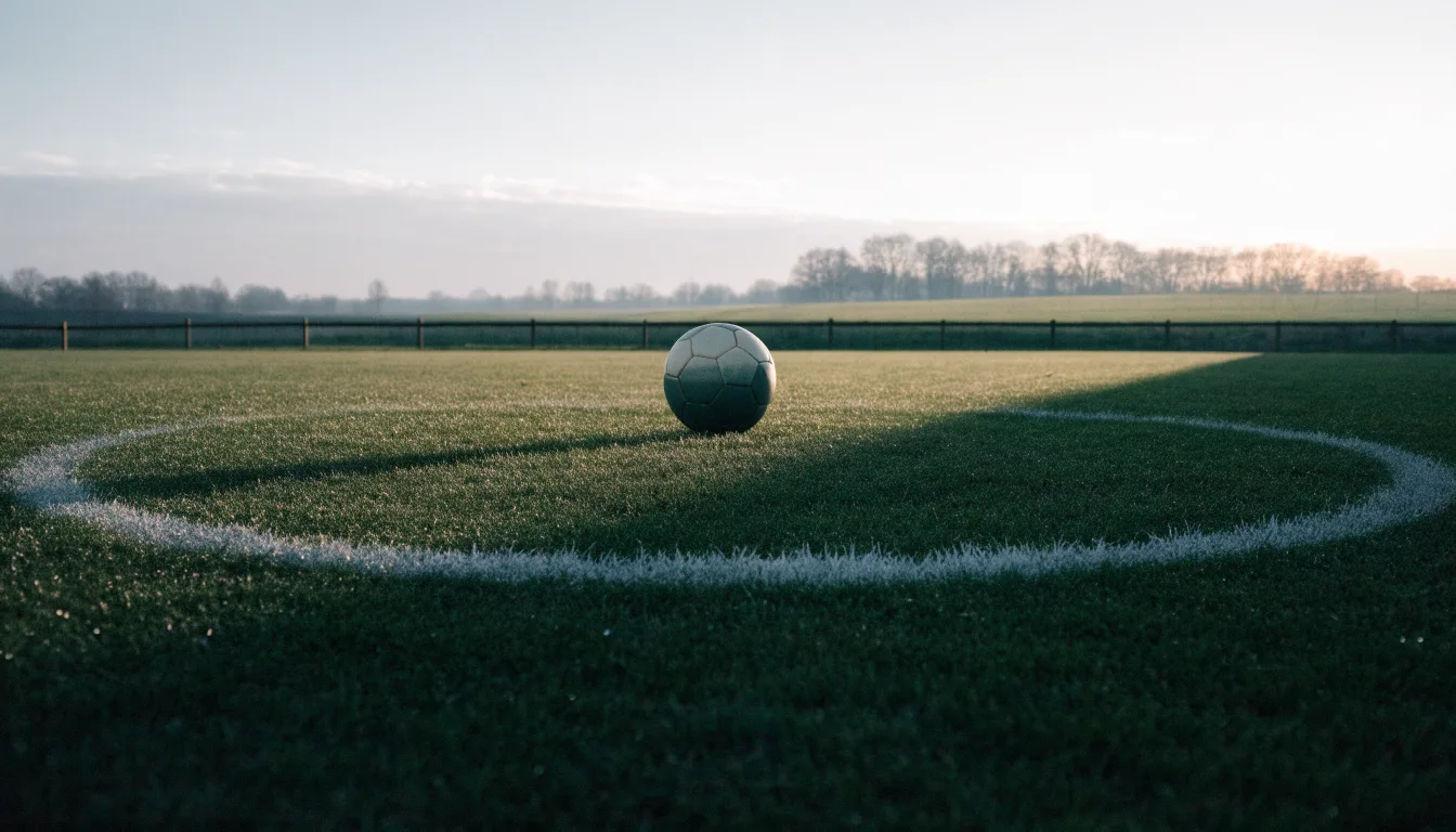 Ein Fußball liegt allein auf dem Anstoßpunkt eines leeren Rasenplatzes im Morgenlicht, am Rand ein niedriger Zaun.