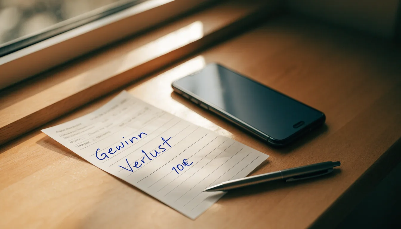 Ein leerer Papier-Wettschein und ein Kugelschreiber liegen neben einem Smartphone mit dunklem Display auf einem Tisch am Fenster.