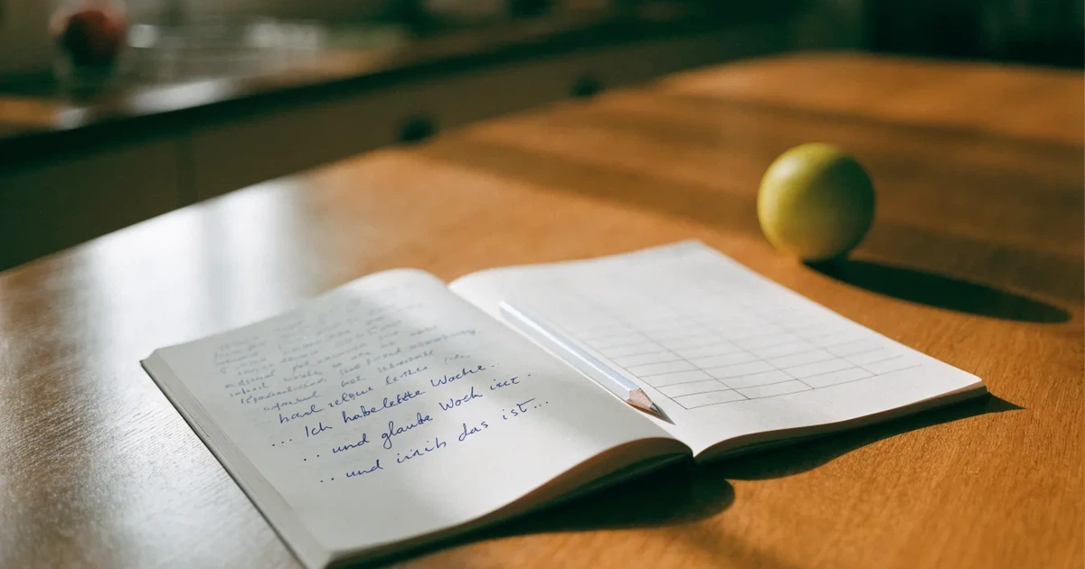 Ein Notizbuch mit handschriftlichen Notizen und einem Bleistift liegt auf einem Holztisch, daneben ein kleiner Fußball im weichen Tageslicht.