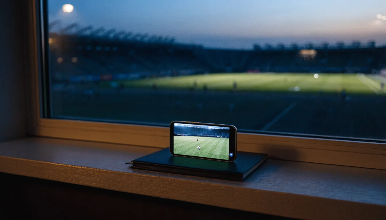Ein Stadion unter Flutlicht aus der Ferne gesehen, davor eine leere Straße in der Abenddämmerung mit leichtem Dunst.