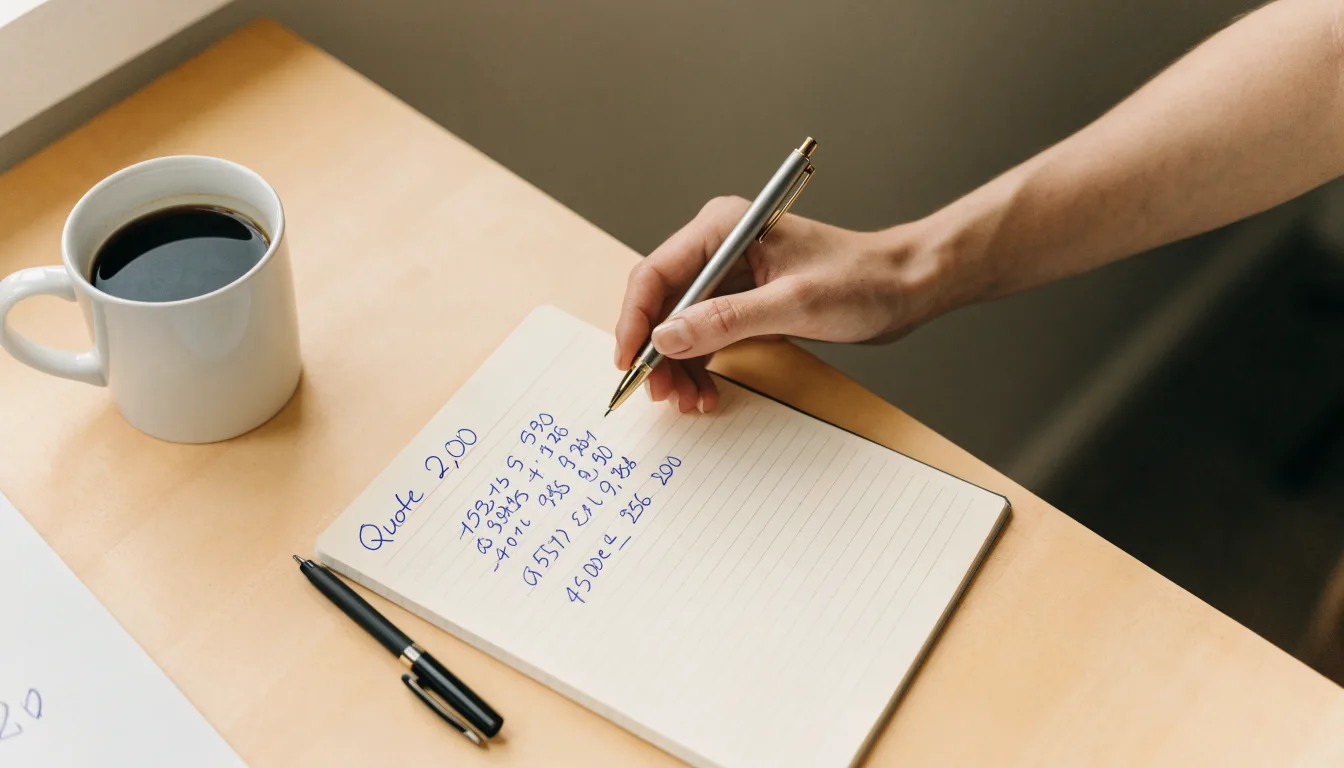 Ein Notizbuch mit handschriftlichen Rechnungen und ein Taschenrechner liegen auf einem hellen Schreibtisch neben einer Kaffeetasse.