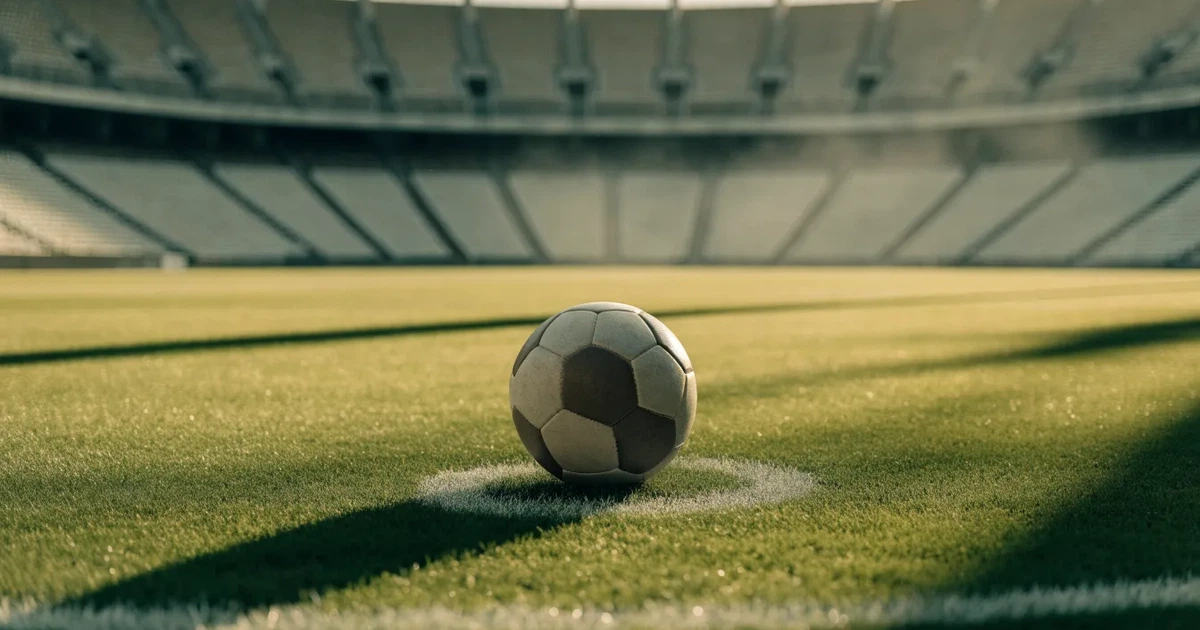 Ein Fußball liegt auf dem Anstoßpunkt eines Rasenplatzes, dahinter leere Tribünen im Licht des frühen Morgens.