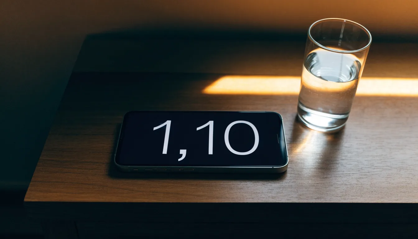 Ein Smartphone liegt mit dem Display nach unten auf einem Holztisch neben einem Glas Wasser, Abendlicht fällt durch ein Fenster.