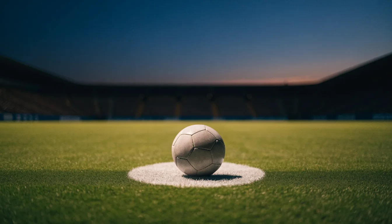 Ein Fußball liegt auf dem Anstoßpunkt eines leeren Rasenplatzes, dahinter ragen dunkle Ränge in den Abendhimmel.