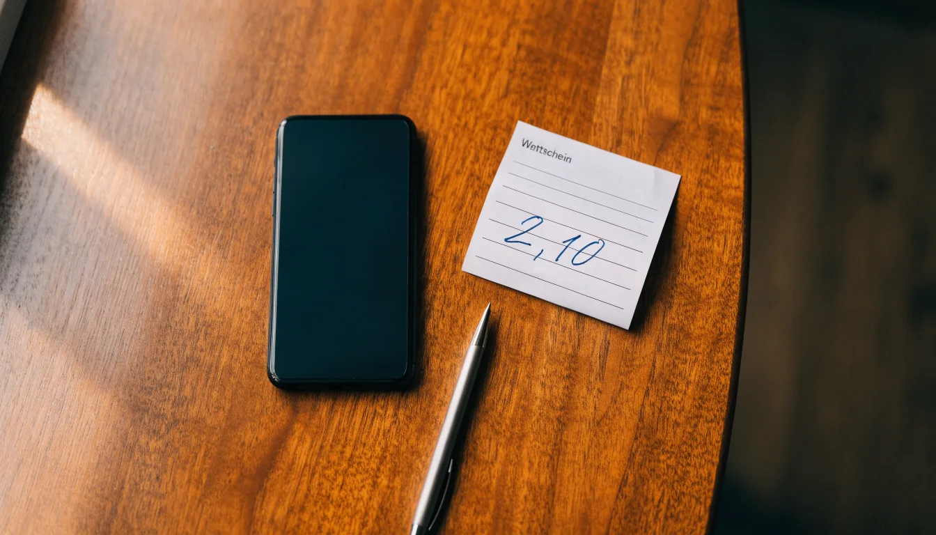 Ein Smartphone mit dunklem Display liegt neben einem leeren Papier-Wettschein und einem Stift auf einem Holztisch.