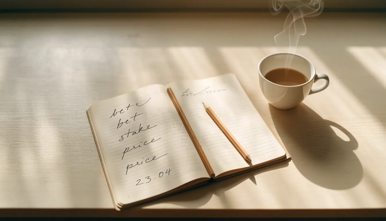 Ein Notizbuch mit handschriftlichen Notizen und einem Bleistift liegt auf einem Tisch, daneben steht eine Kaffeetasse im Morgenlicht.