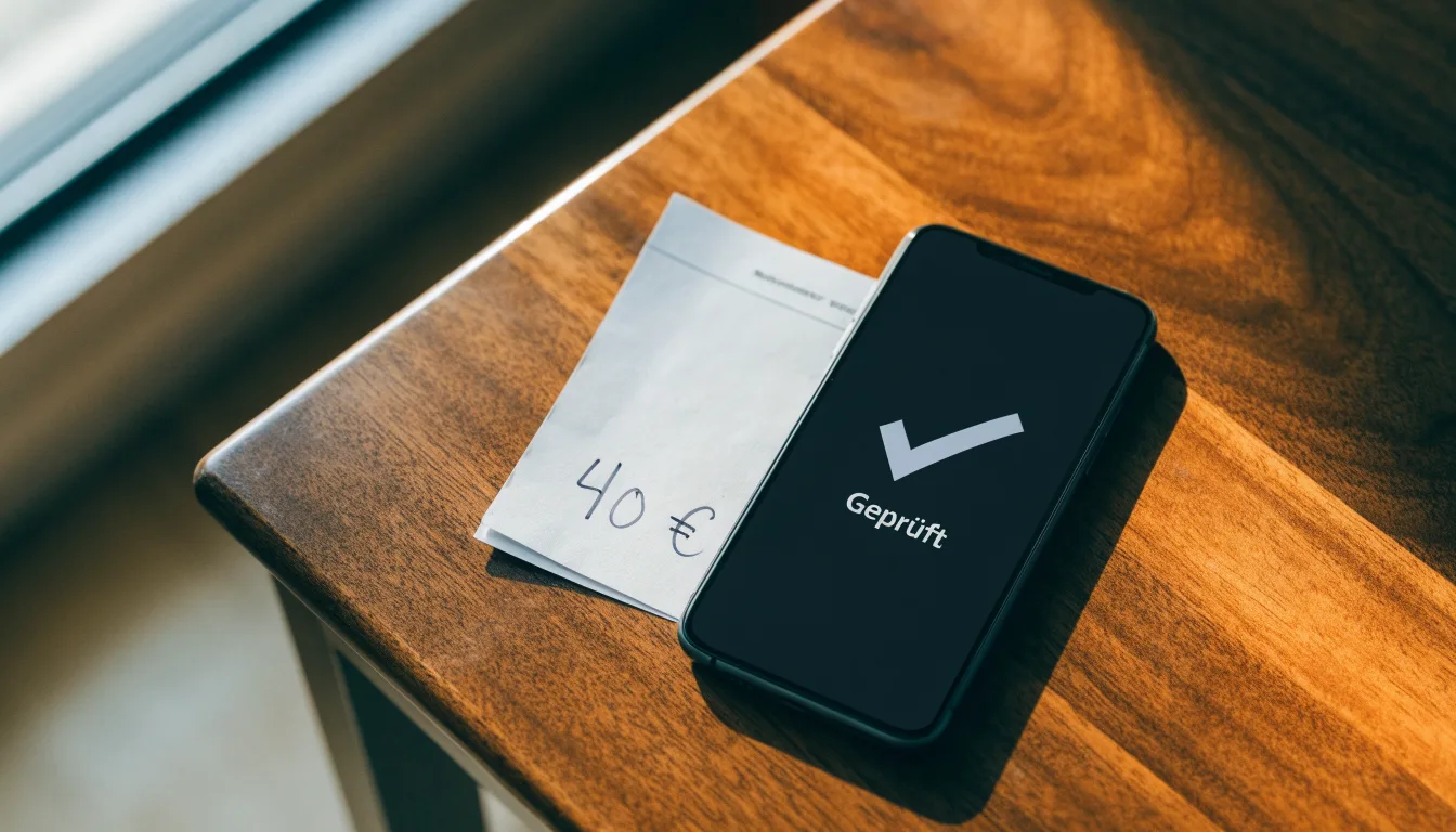 Ein Smartphone liegt mit dunklem Display auf einem Holztisch neben einem leeren Papier-Wettschein, Licht fällt von einem Fenster.