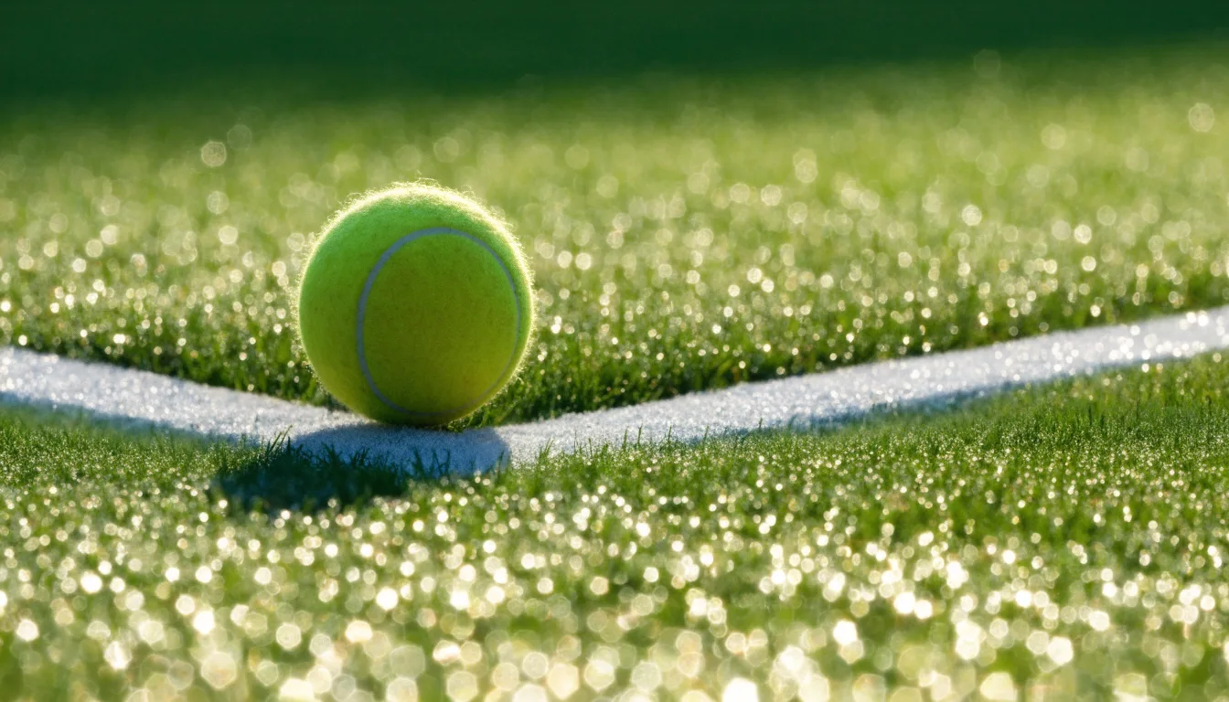 Ein Tennisball liegt auf frisch gemähtem Gras neben einer weißen Linie, Tautropfen glänzen im Gegenlicht.