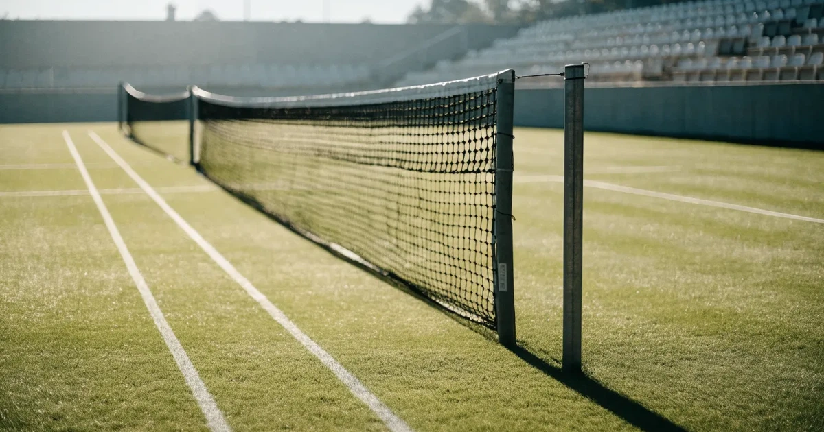 Ein Tennisplatz mit Rasenbelag im Morgenlicht, Netz und weiße Linien, im Hintergrund eine ruhige Tribüne.