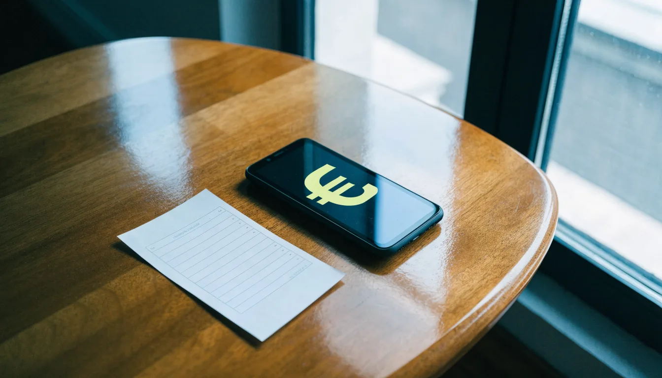 Ein Smartphone mit dunklem Display liegt neben einem leeren Papier-Wettschein auf einem Tisch am Fenster.
