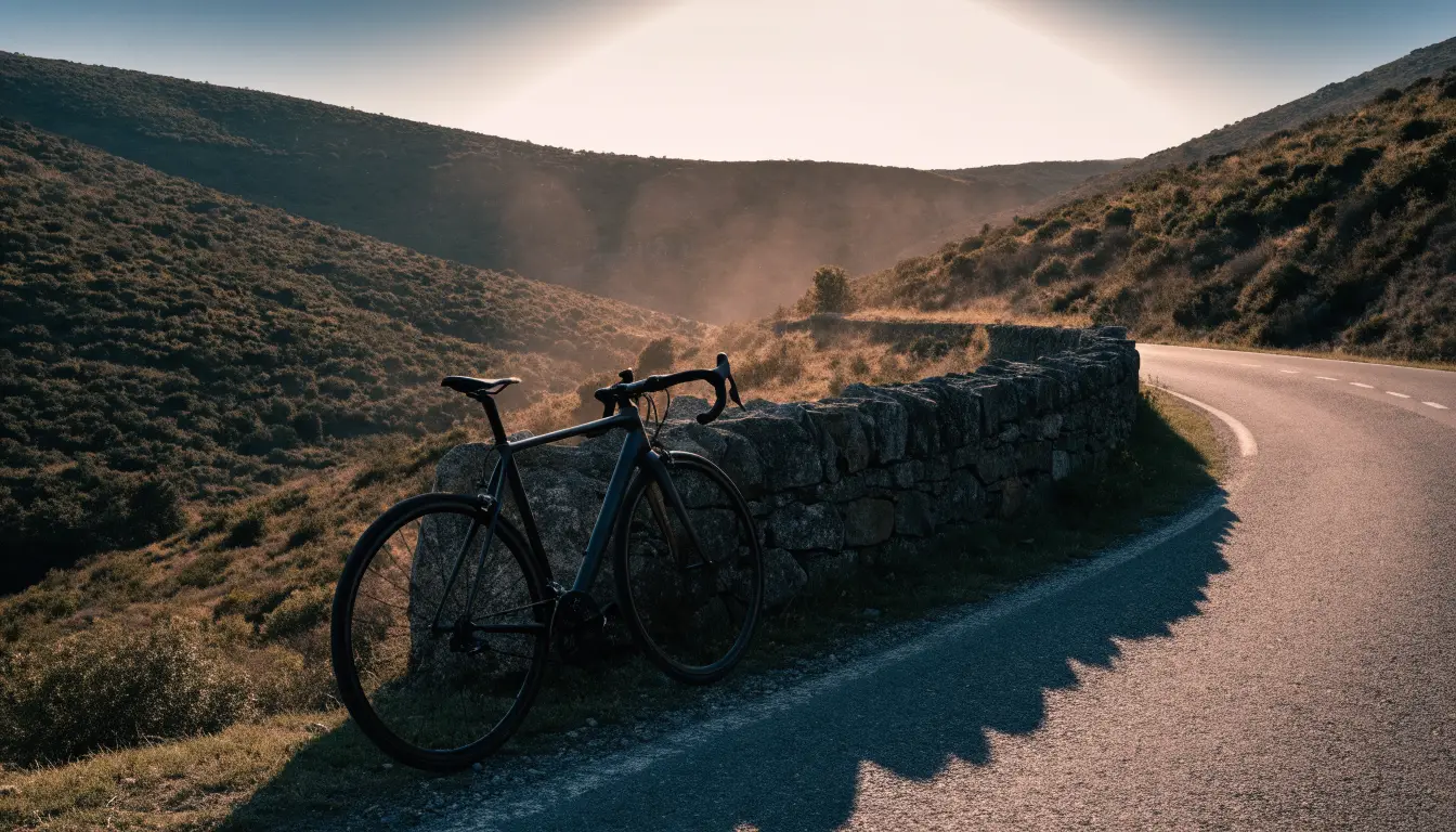 Ein Rennrad lehnt an einer Steinmauer in einer Bergkurve, im Hintergrund eine weite Hügellandschaft im Gegenlicht.