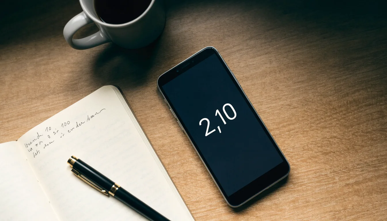 Ein Smartphone liegt auf einem Tisch neben einem Notizbuch mit handschriftlichen Notizen und einer Tasse Kaffee.