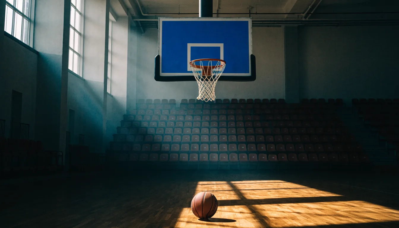 Ein Basketballkorb in einer leeren Halle, der Ball liegt unter dem Brett auf dem Parkett.
