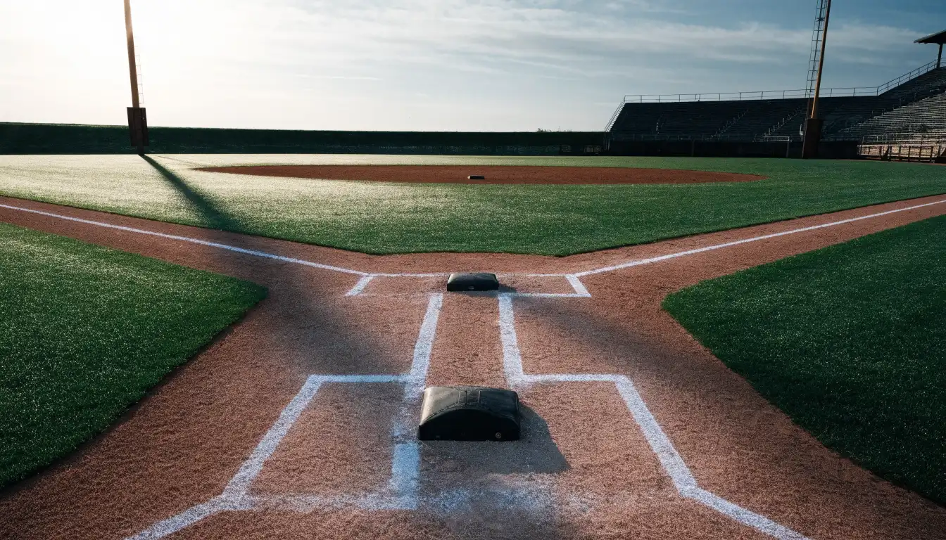 Ein Baseballfeld mit leerem Infield im Morgenlicht, die Linien frisch gezogen, keine Spieler im Bild.