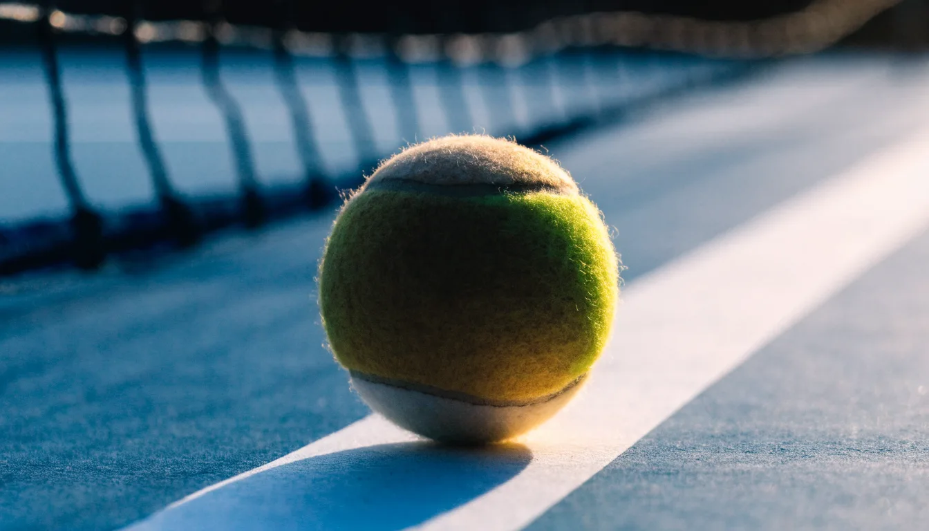 Ein Tennisball liegt in Nahaufnahme auf einer Grundlinie, dahinter verschwimmt ein leerer Platz in warmem Licht.