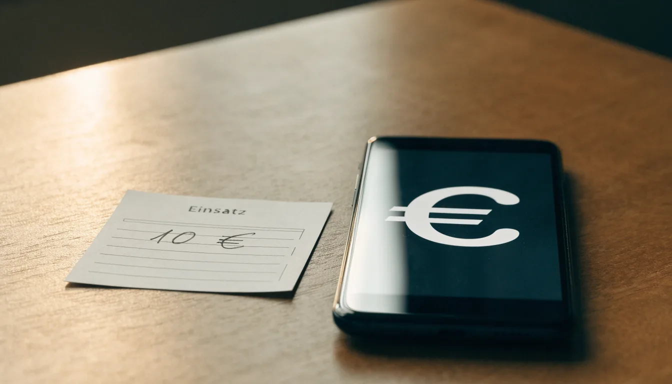 Ein Smartphone mit dunklem Display liegt neben einem leeren Papier-Wettschein auf einem Tisch, Licht fällt von der Seite.