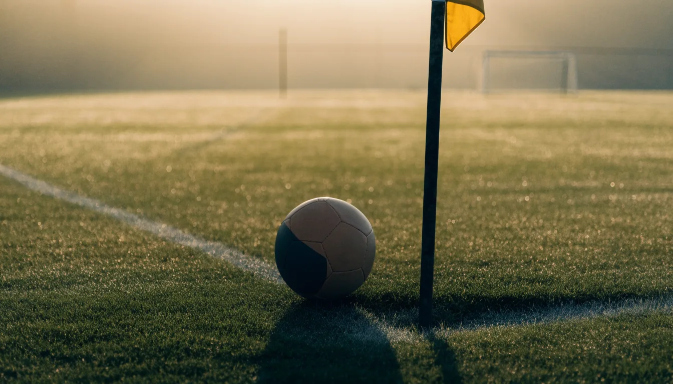 Ein Fußball liegt auf Rasen neben einer Eckfahne ohne Aufdruck auf einem leeren Platz im Morgenlicht.