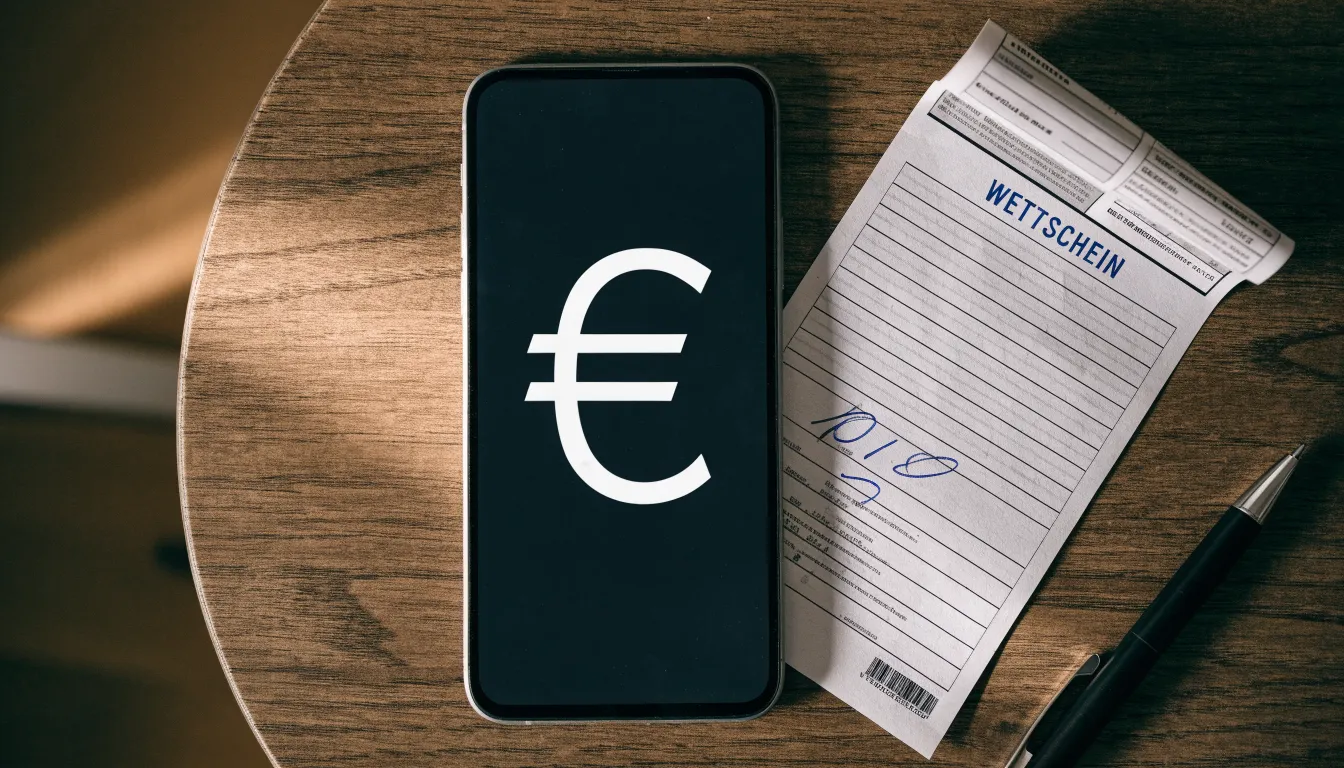 Ein Smartphone liegt mit dunklem Display neben einem leeren Papier-Wettschein und einem Stift auf einem Holztisch.