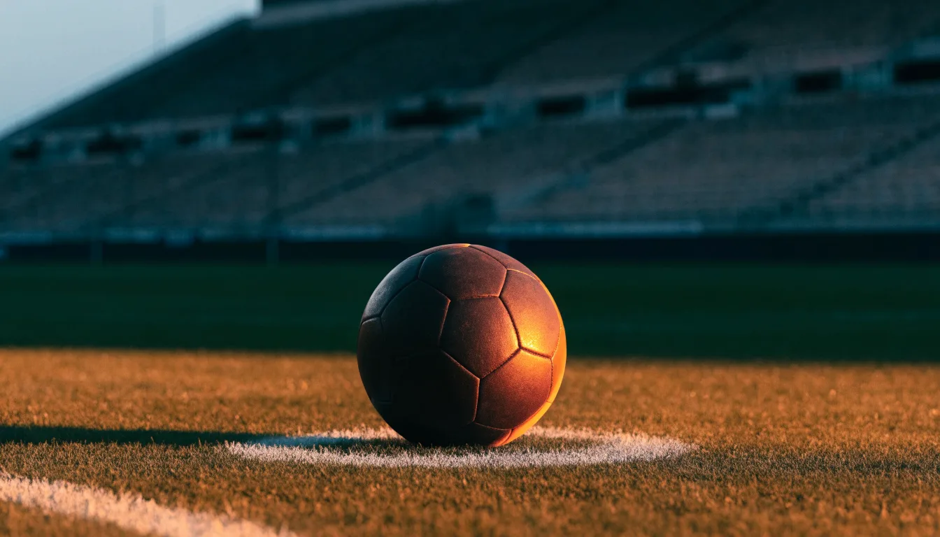 Ein Fußball liegt auf dem Anstoßpunkt eines Rasenplatzes, dahinter eine leere Tribüne im Abendlicht.