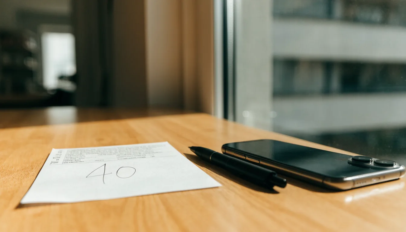 Ein leerer Papier-Wettschein und ein Kugelschreiber liegen neben einem Smartphone mit dunklem Display auf einem Schreibtisch am Fenster.