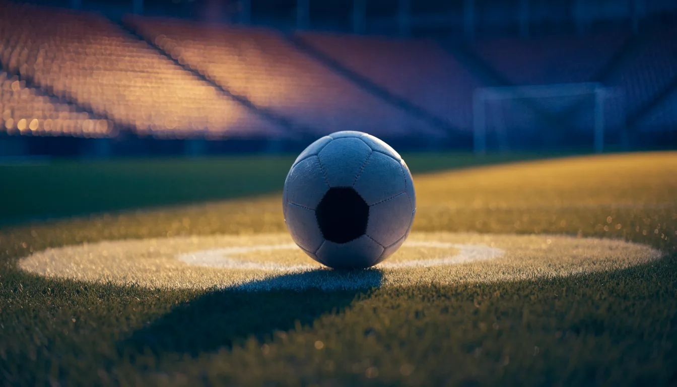 Ein Fußball liegt auf dem Anstoßpunkt eines Rasenplatzes, dahinter eine leere Tribüne im Abendlicht.