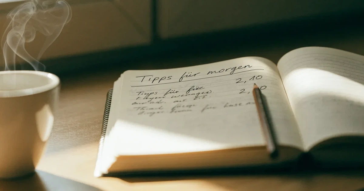 Eine Kaffeetasse, ein Notizbuch mit handschriftlichen Notizen und ein Bleistift auf einem hellen Schreibtisch am Morgen.
