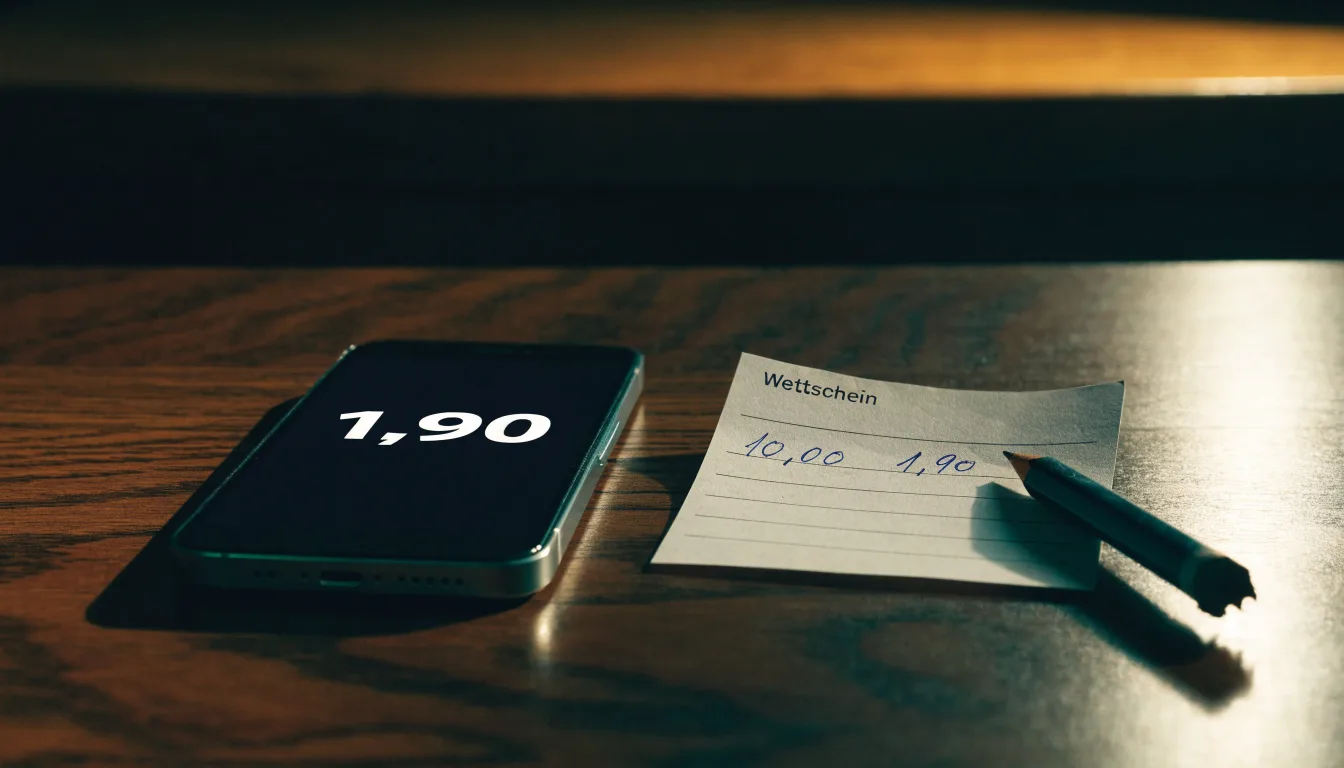 Ein Smartphone mit dunklem Display liegt neben einem leeren Papier-Wettschein auf einem Holztisch, Licht fällt von der Seite.