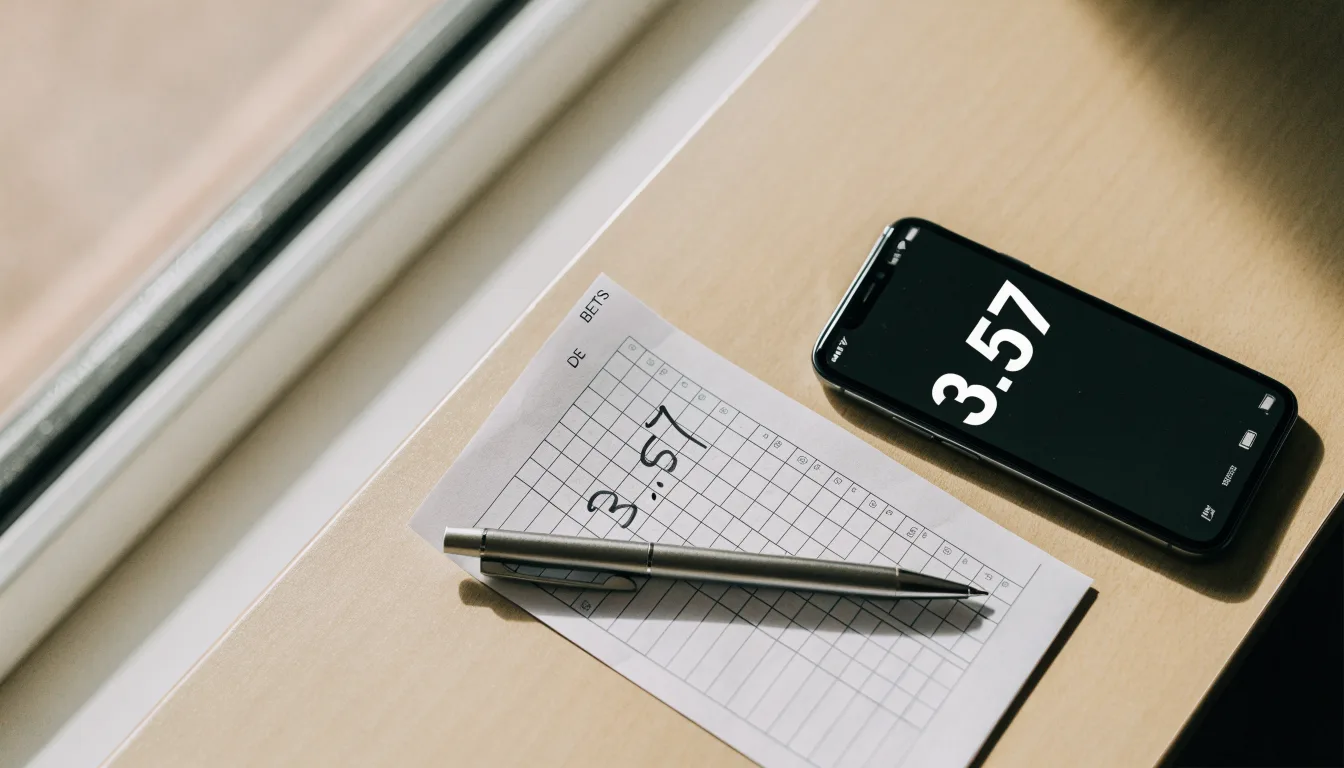 Ein leerer Papier-Wettschein und ein Kugelschreiber liegen neben einem Smartphone mit dunklem Display auf einem Schreibtisch am Fenster.