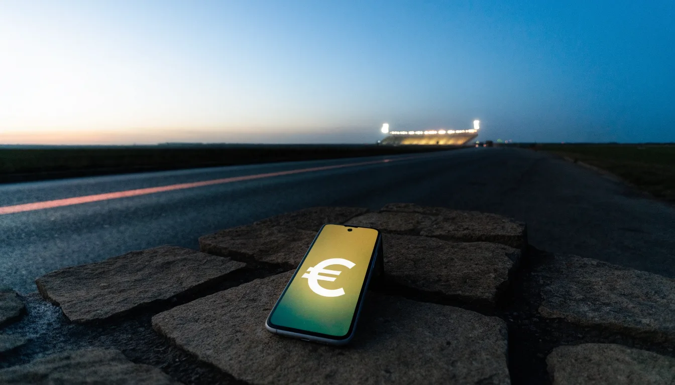 Ein Stadion unter Flutlicht aus großer Entfernung, davor eine leere Straße in der Abenddämmerung.