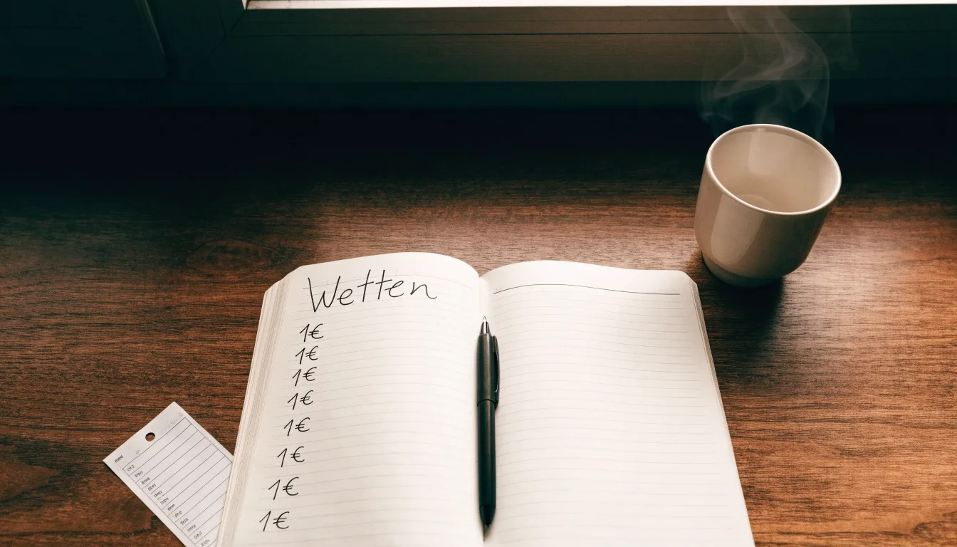 Ein Notizbuch mit handschriftlichen Notizen und ein Taschenrechner stehen auf einem Schreibtisch, daneben eine Tasse.